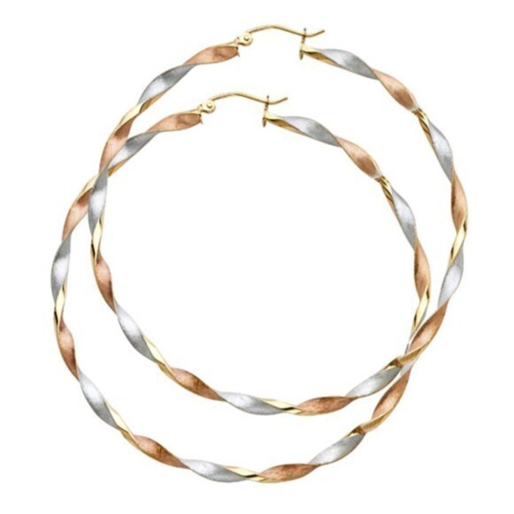 14K Tri color Gold Extra Large Twisted Hoop Earrings - 3mm x 2.5 inch